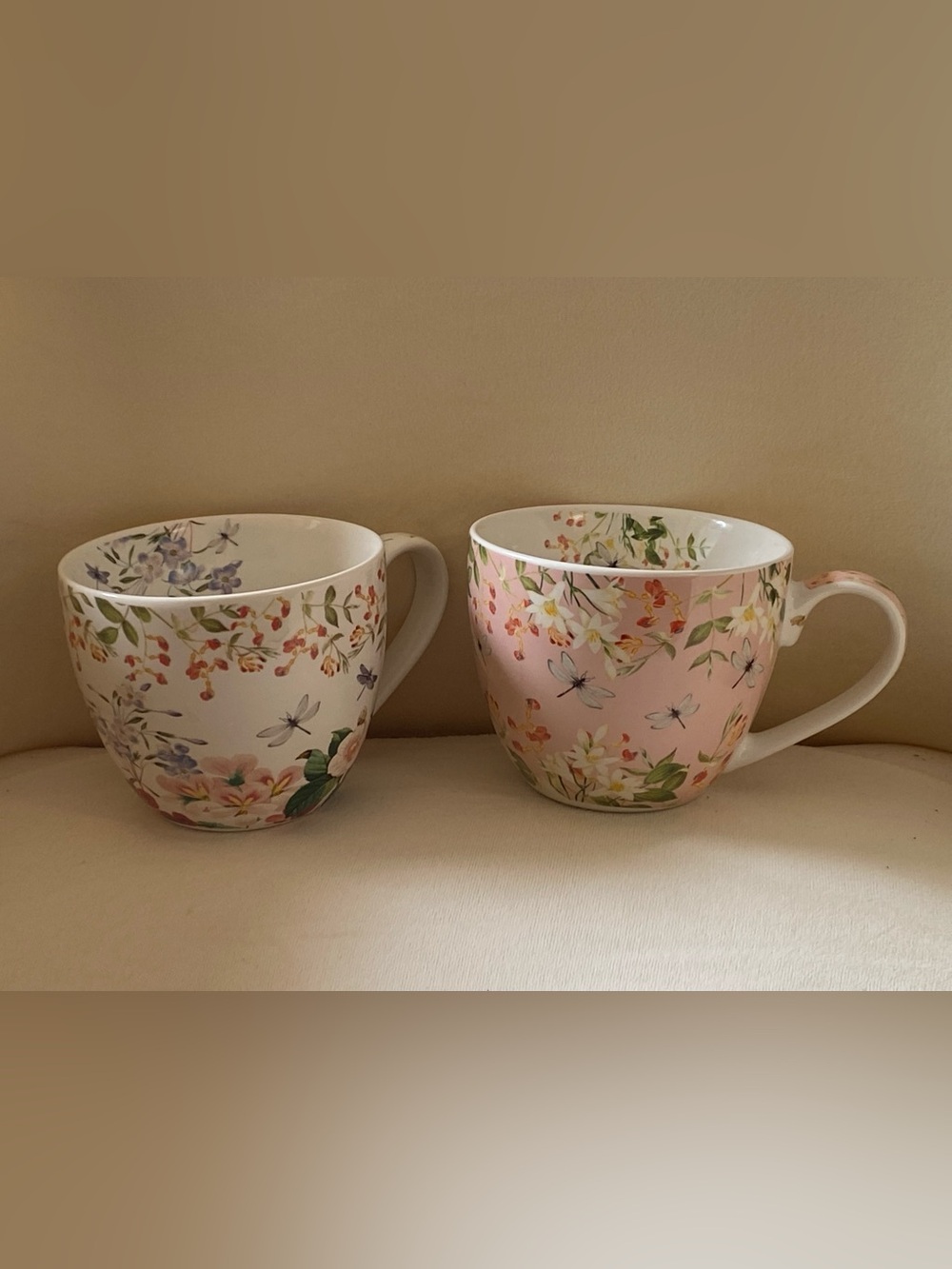 Bluebird And Willow Co Fine China 2 Floral and Dragonfly Design Mugs